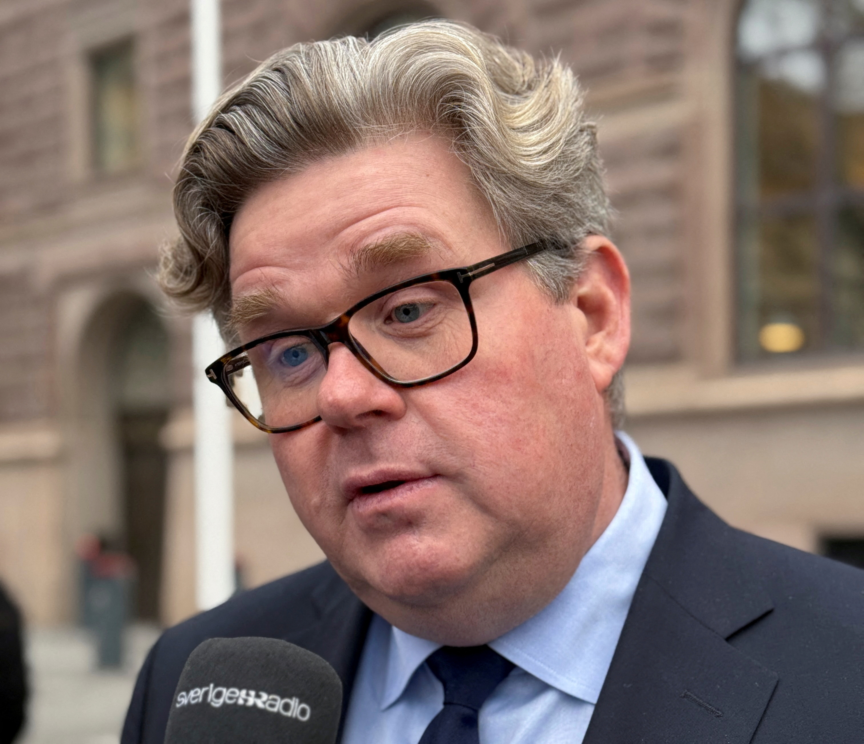 FILE PHOTO: Sweden’s Justice Minister Gunnar Strommer talking to journalists in Stockholm