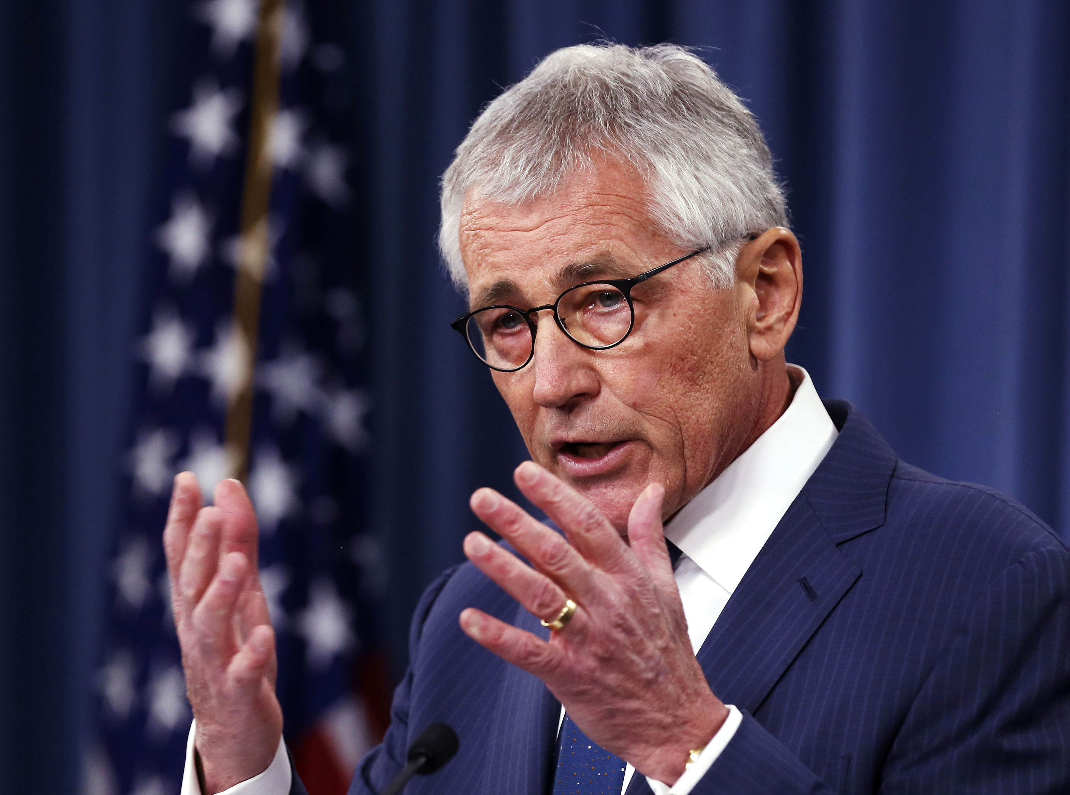 U.S. Secretary of Defense Chuck Hagel talks during a news conference at the Pentagon in Washington