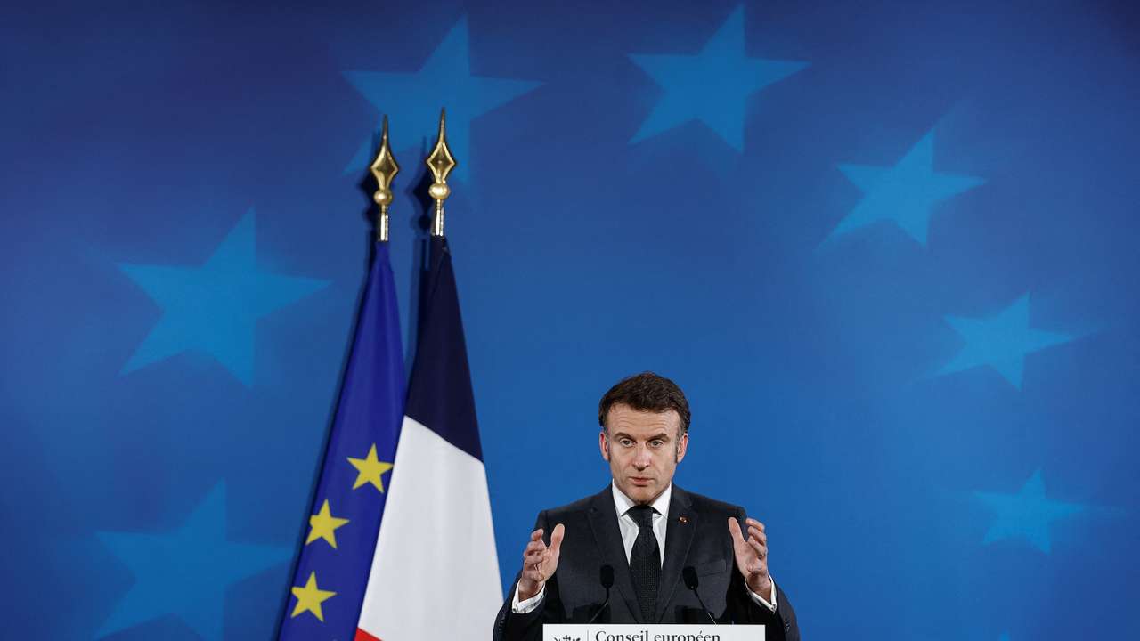 French President Emmanuel Macron attends a press conference, in Brussels