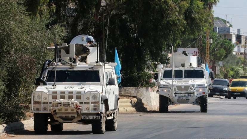 UN peacekeepers (UNIFIL) vehicles are seen parked in Marjayoun