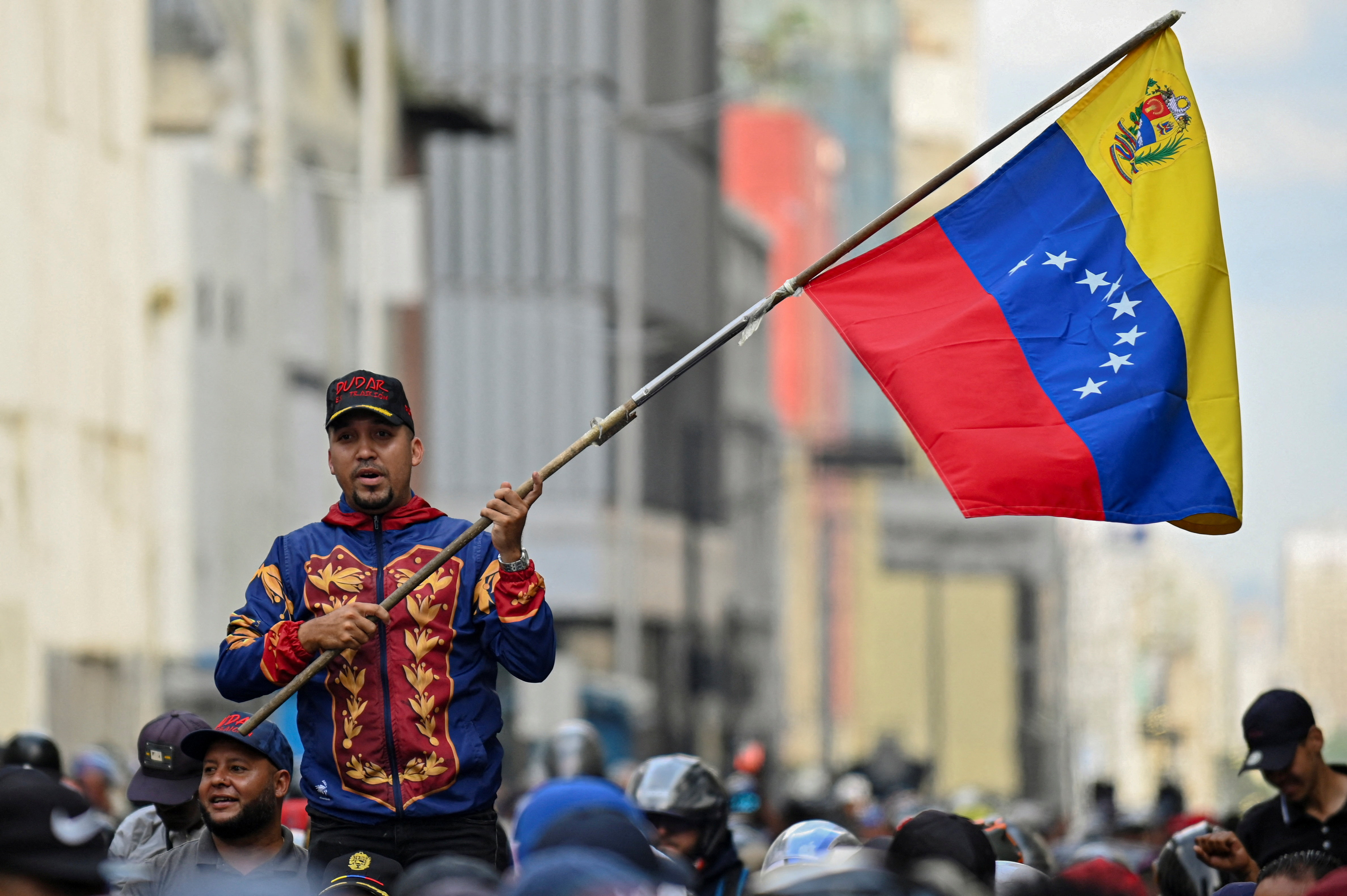 Demonstration outside the National Assembly in Caracas on the day Delcy Rodriguez was formally sworn in as Venezuela's interim president