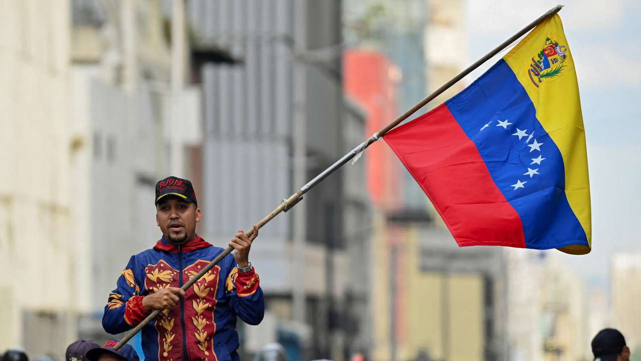 Demonstration outside the National Assembly in Caracas on the day Delcy Rodriguez was formally sworn in as Venezuela's interim president
