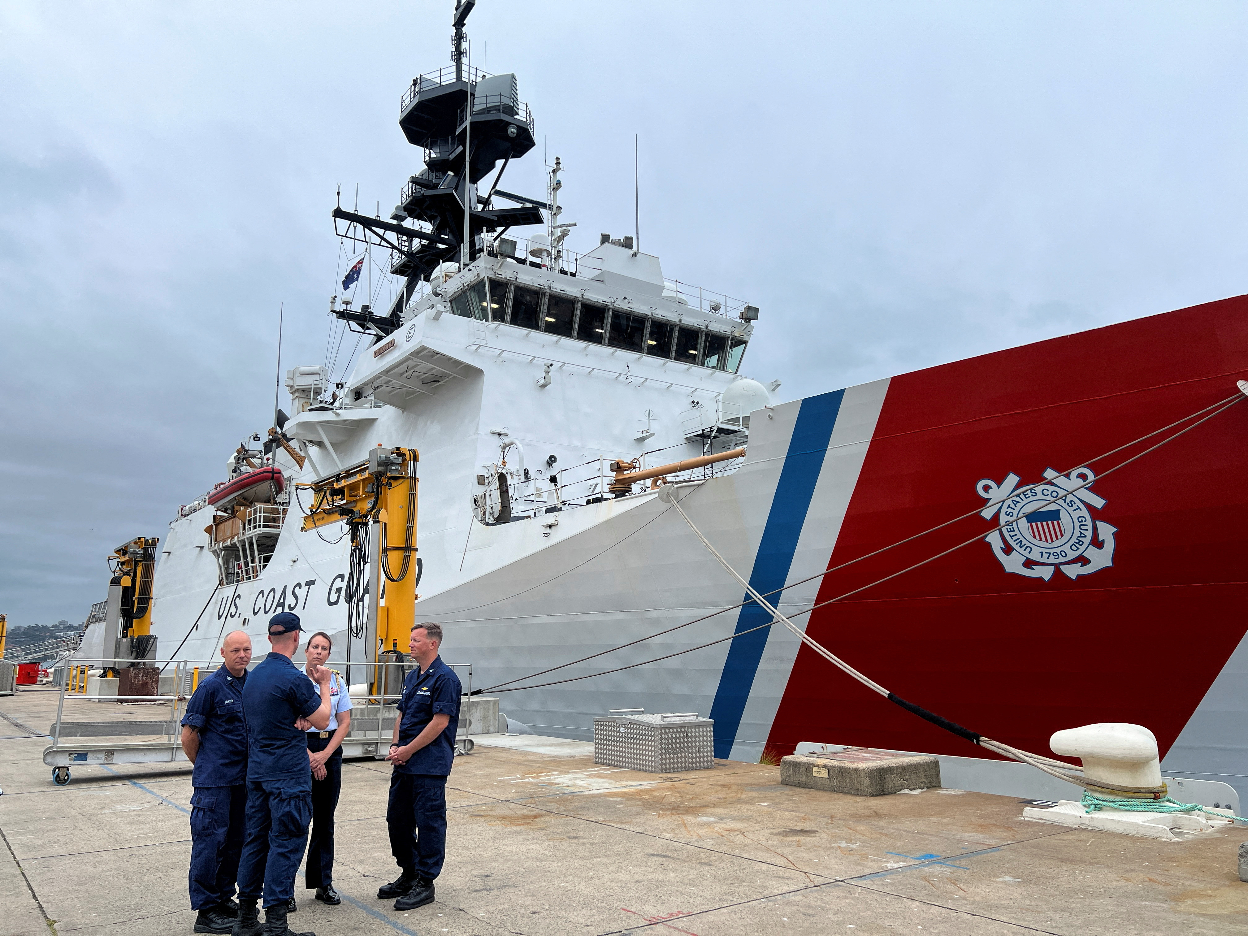 The U.S. Coast Guard national security cutter Midgett is seen in the port at HMAS Kuttabul in Sydney
