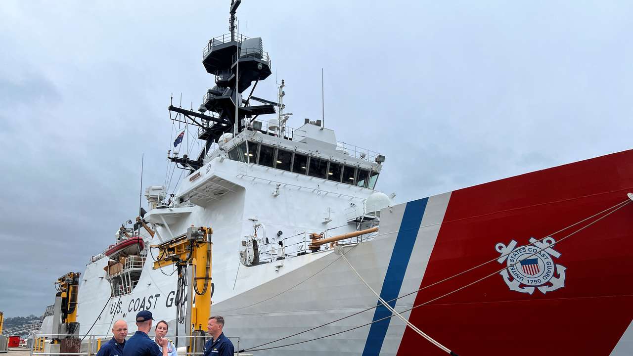 The U.S. Coast Guard national security cutter Midgett is seen in the port at HMAS Kuttabul in Sydney