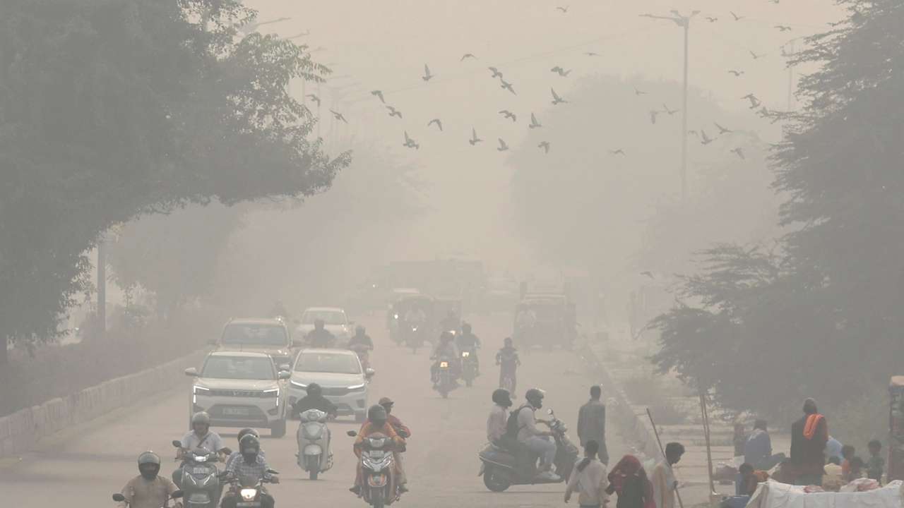 People and vehicles are seen on a road amidst the morning smog in New Delhi