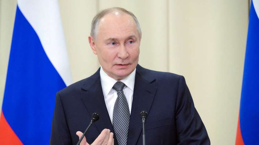 Russian President Putin attends a press conference in Leningrad region
