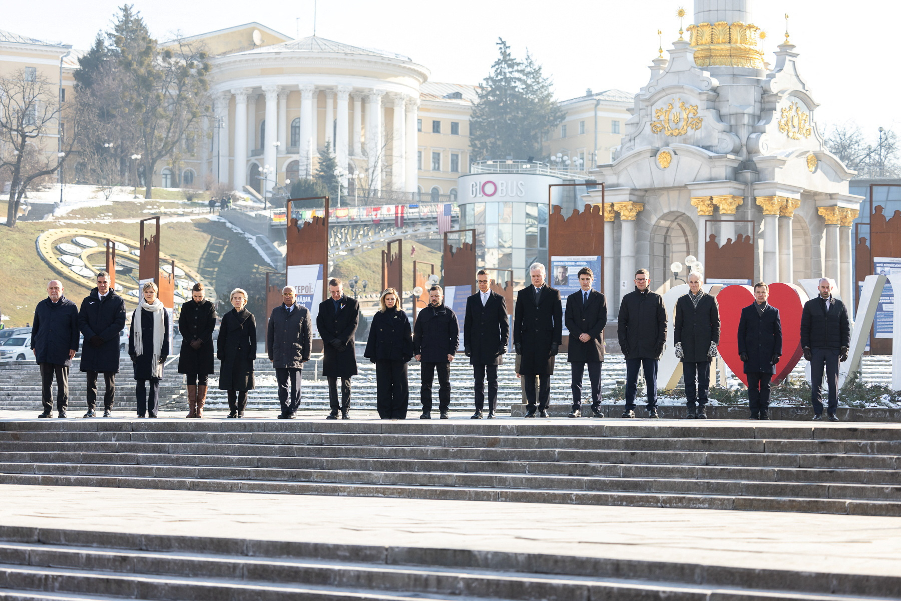 Ukraine's President Zelenskiy and leaders visit a makeshift memorial place, in Kyiv