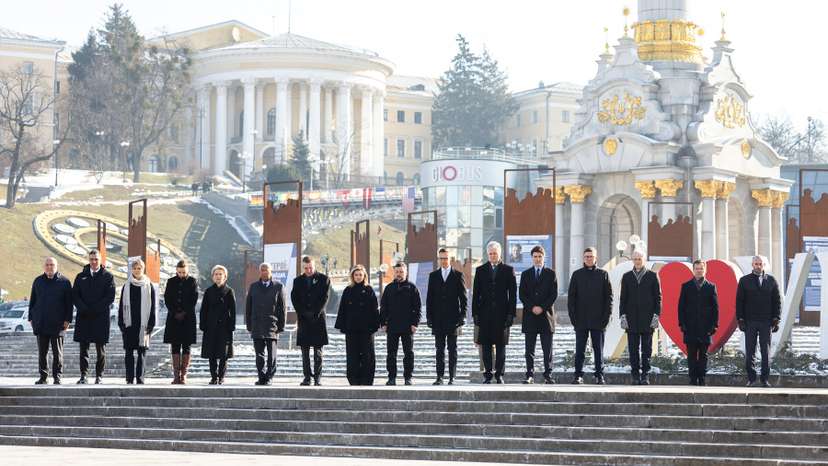Ukraine's President Zelenskiy and leaders visit a makeshift memorial place, in Kyiv
