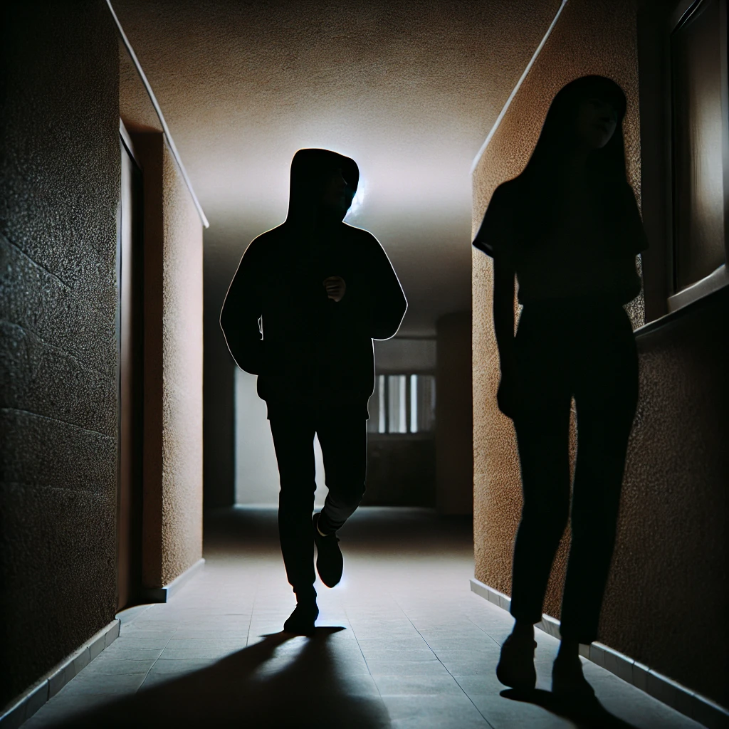 A silhouette of a person stalking another