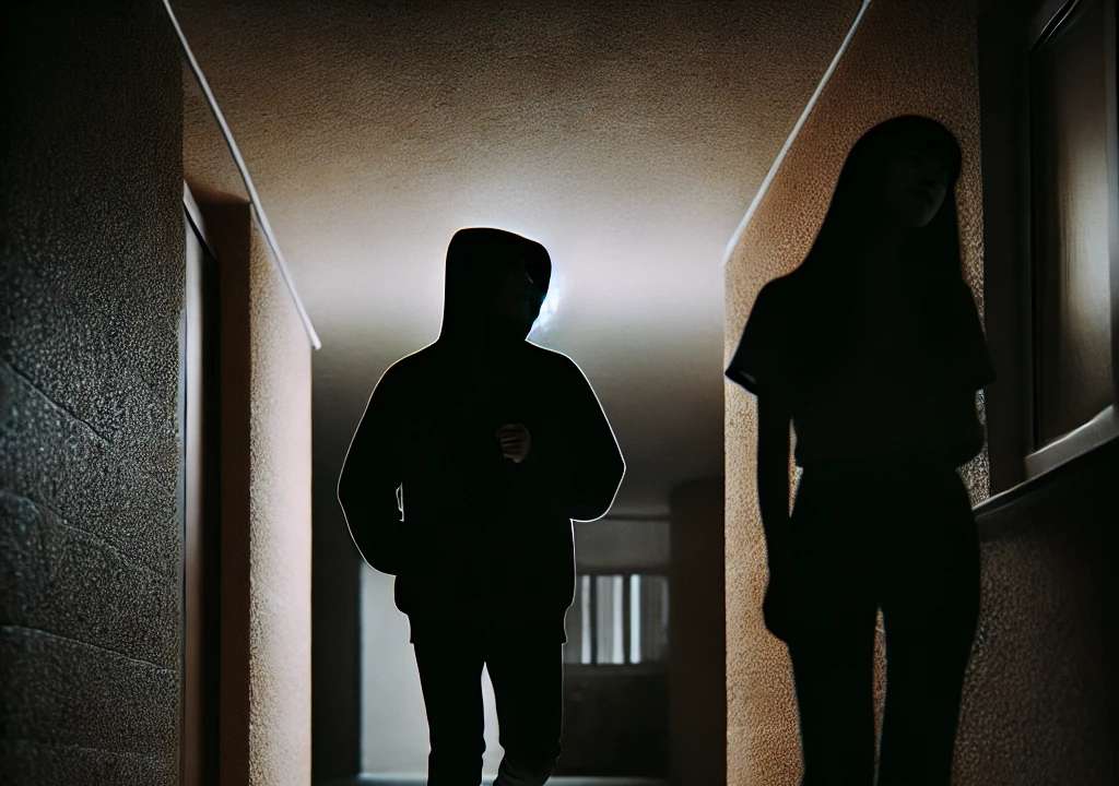 A silhouette of a person stalking another
