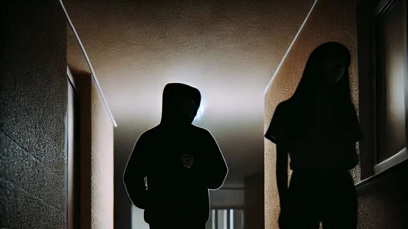 A silhouette of a person stalking another