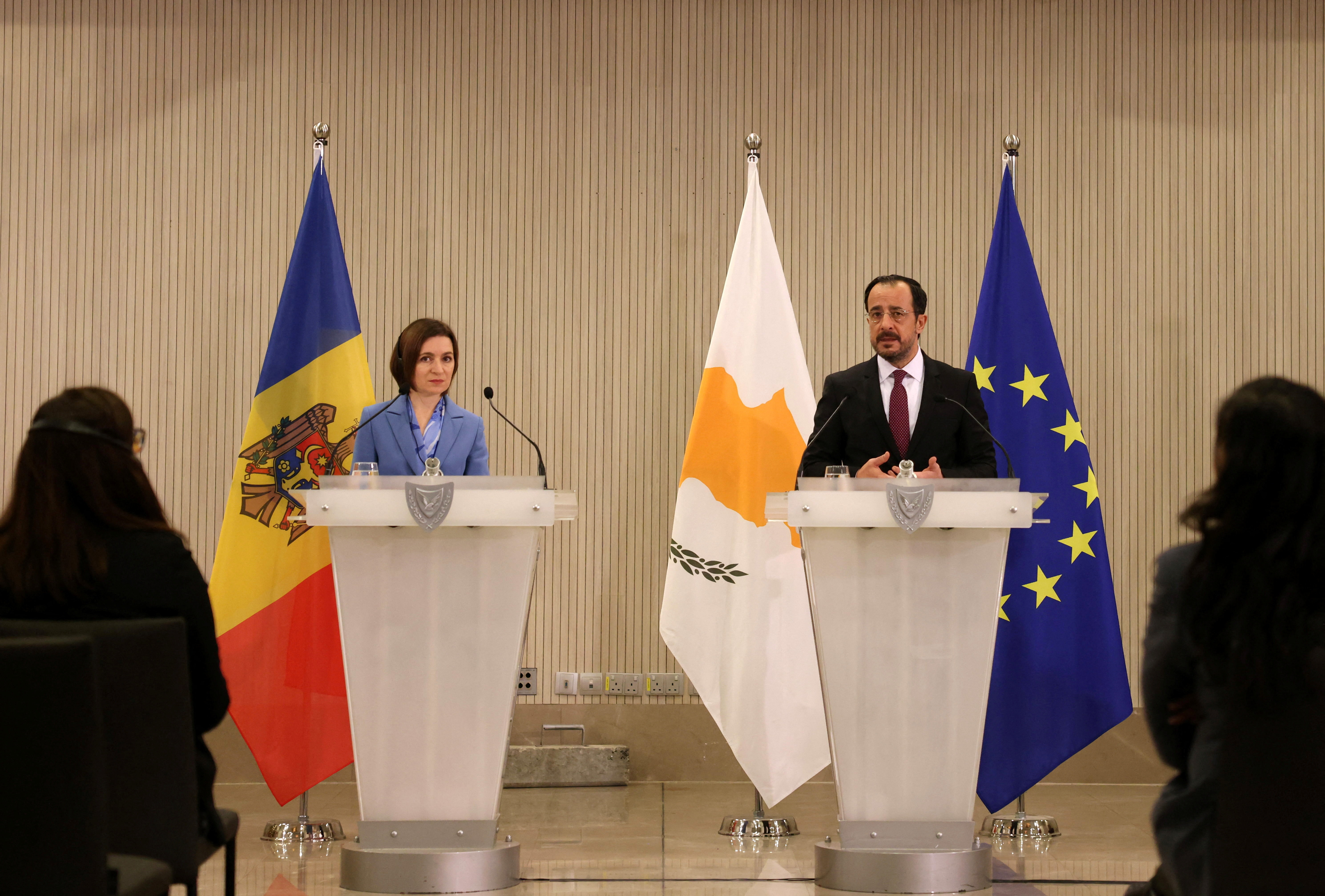 Cyprus' President Nikos Christodoulides and Moldova's President Maia Sandu attend a press conference at the Presidential Palace in Nicosia