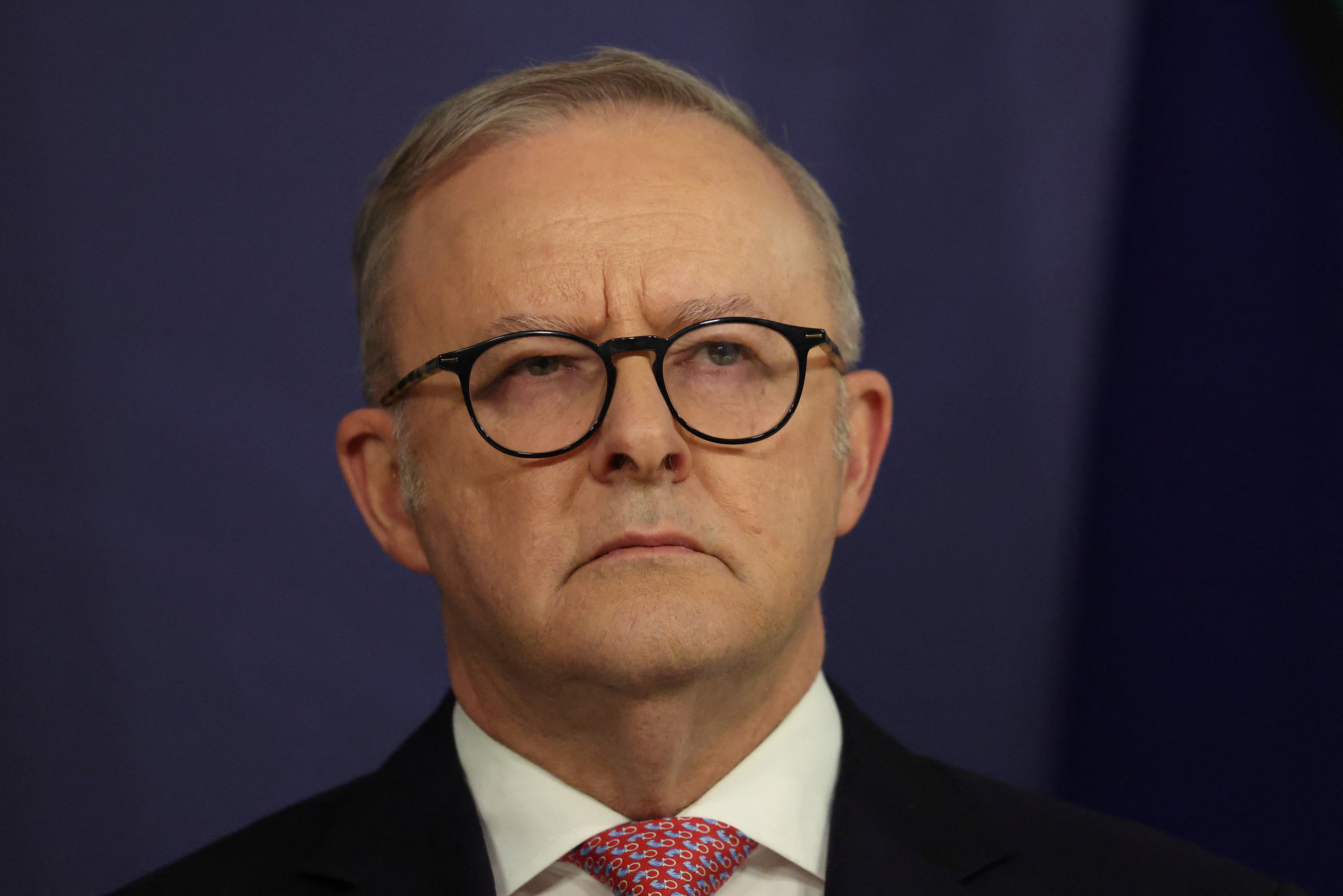 Australian Prime Minister Anthony Albanese reacts during a press conference in Sydney