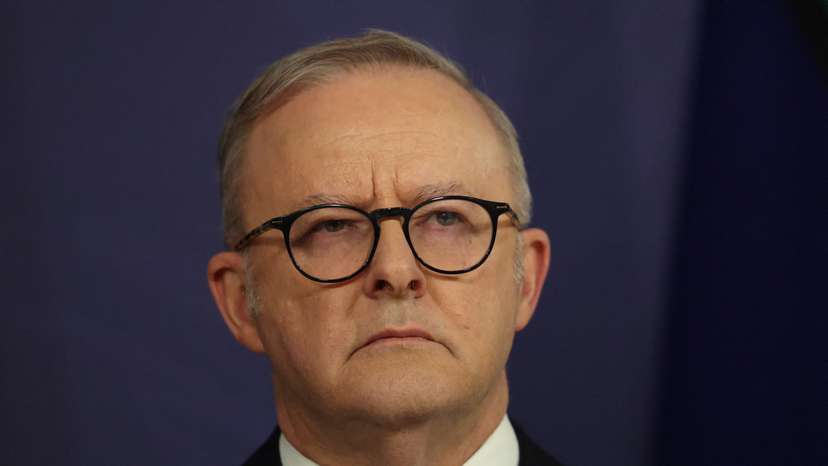 Australian Prime Minister Anthony Albanese reacts during a press conference in Sydney