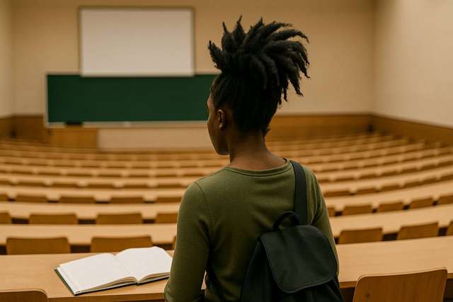 A female university student in a lecture hall