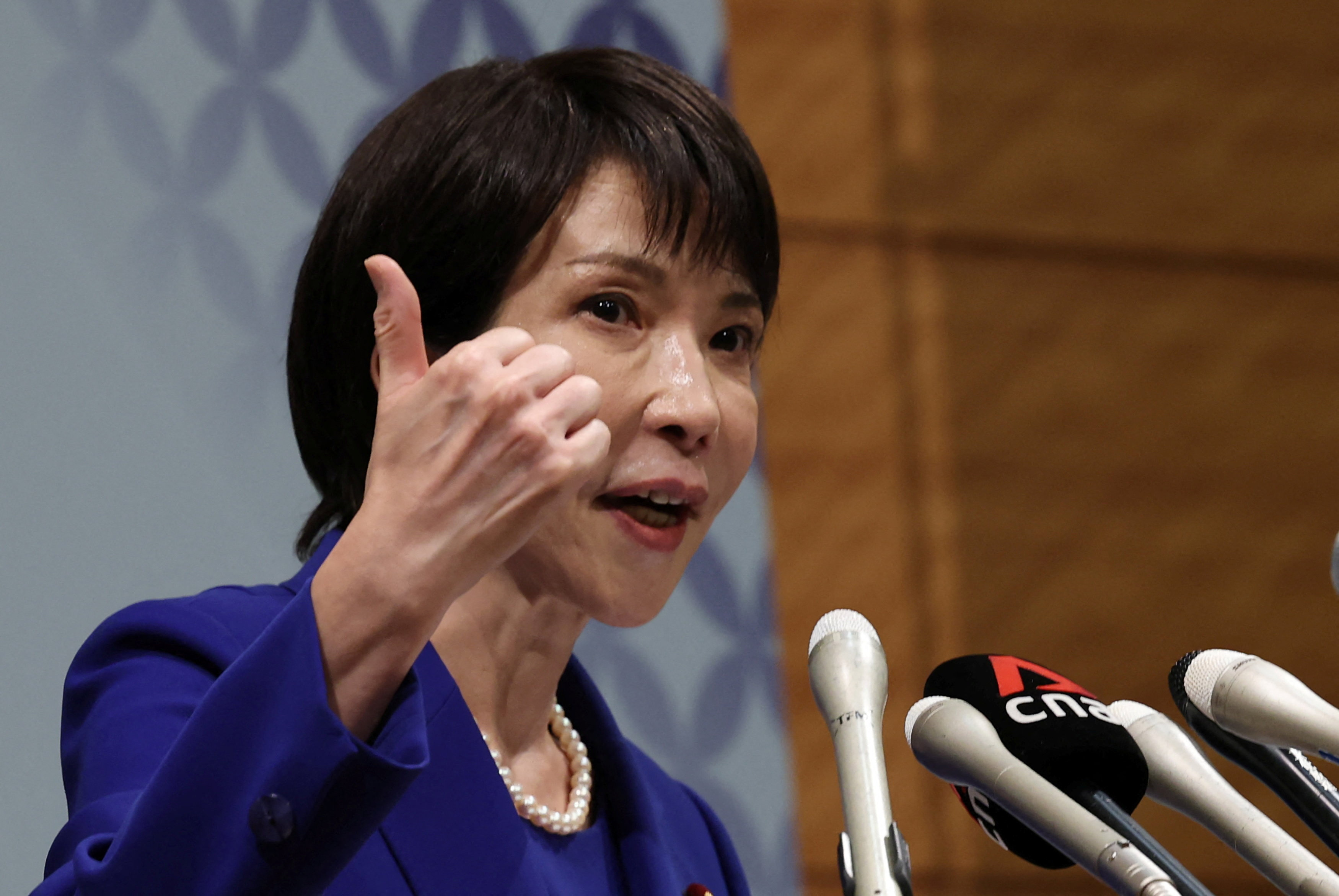 Sanae Takaichi, a veteran Japanese lawmaker, speaks at a press conference about her running in the ruling Liberal Democratic Party leadership race in Tokyo