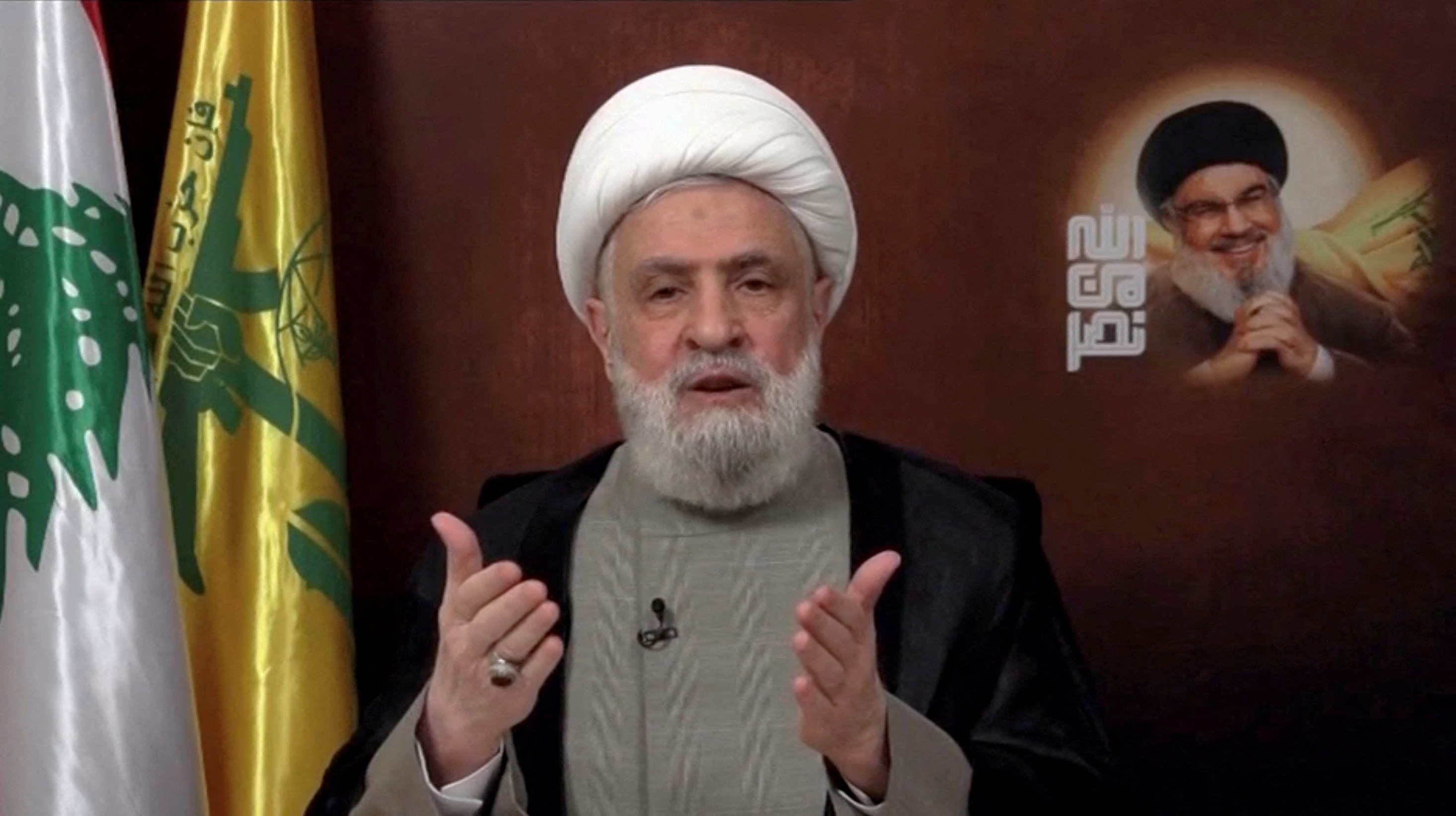 FILE PHOTO: Lebanon's Hezbollah leader Sheikh Naim Qassem delivers an address from an unknown location