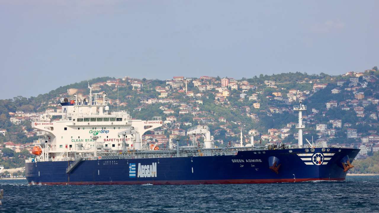 FILE PHOTO: Liberia-flagged crude oil tanker Green Admire transits Istanbul's Bosphorus