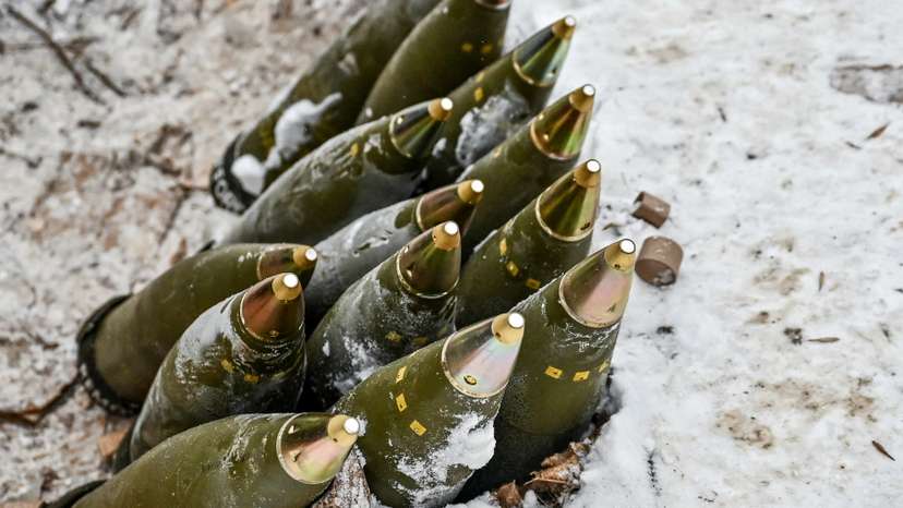 FILE PHOTO: 155-mm artillery shells are placed in a pile at a position of Ukrainian servicemen near a front line in Zaporizhzhia region