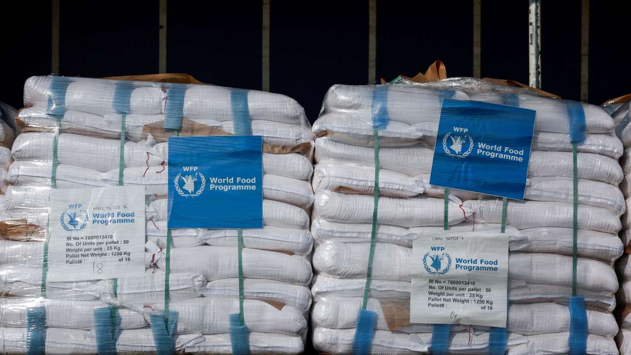 Supplies provided by the World Food Programme lies on a truck carrying aid at the Kerem Shalom crossing between Israel and Gaza, on the Israeli side of the Israel-Gaza border