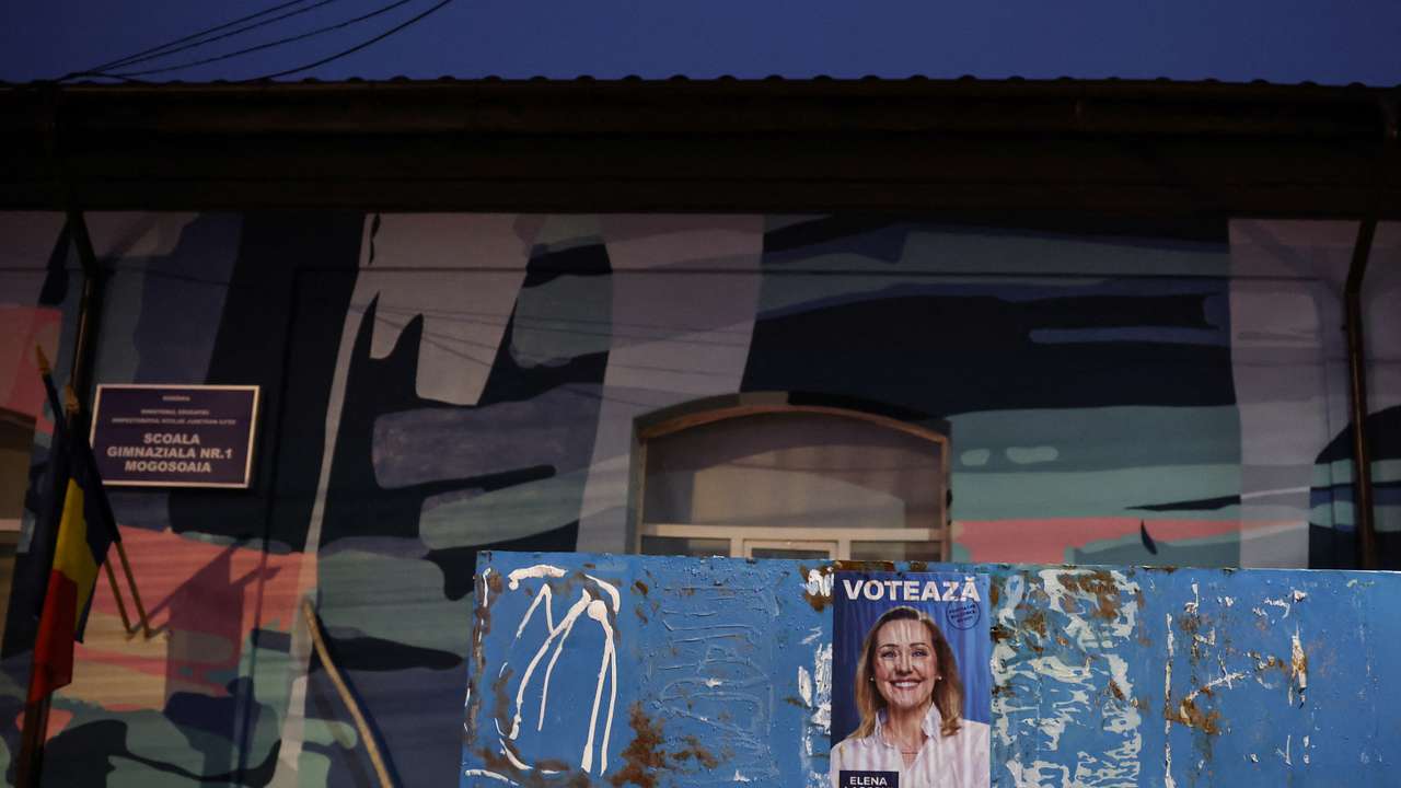 A pre-election poster of Leader of center-right opposition Save Romania Union (USR) Elena Lasconi is seen in Mogosoaia
