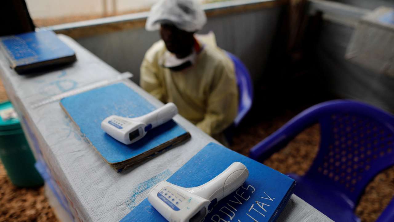 FILE PHOTO: Thermometers are pictured at the entrance of an Ebola treatment centre in the Eastern Congolese town of Butembo