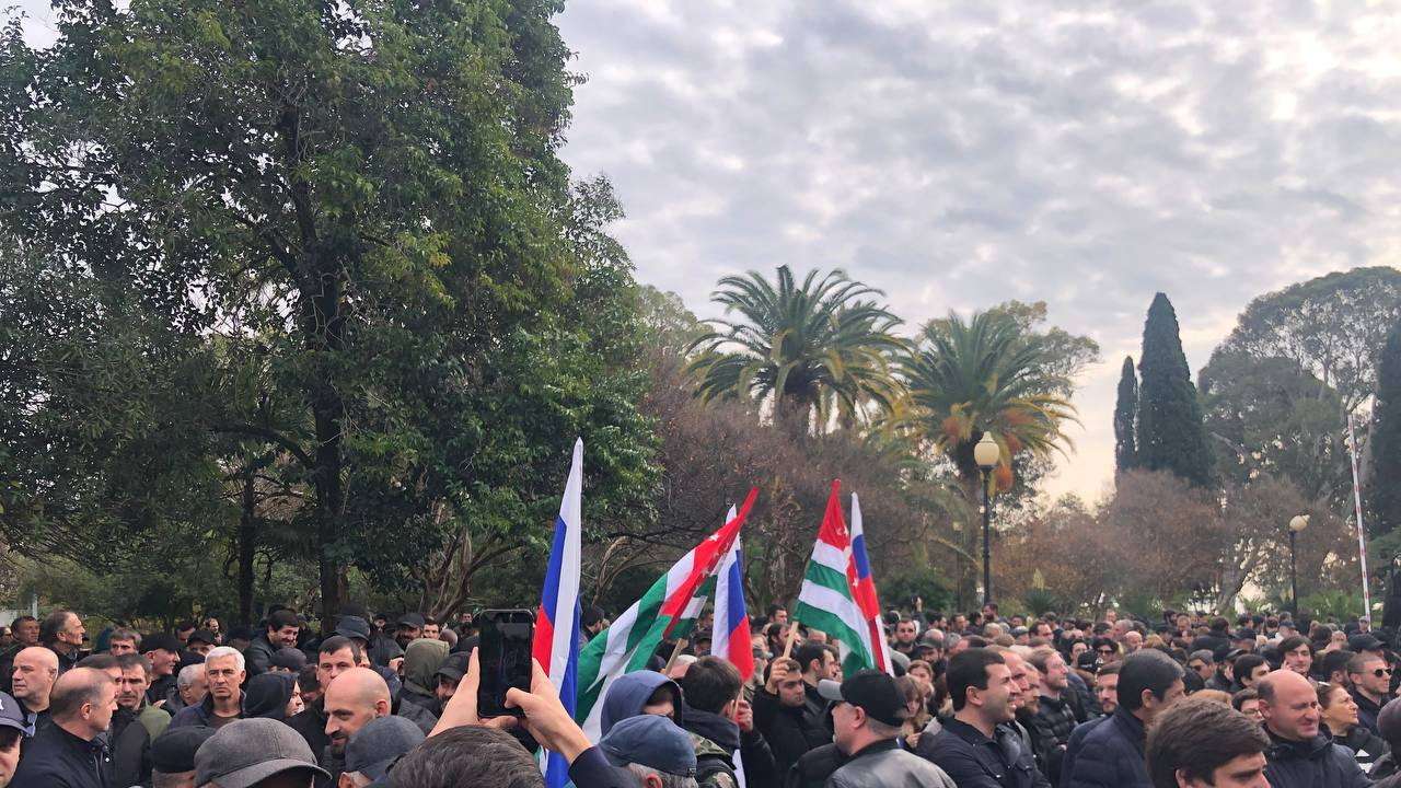 Protesters rally outside the parliament building in the capital of Georgia's breakaway region of Abkhazia