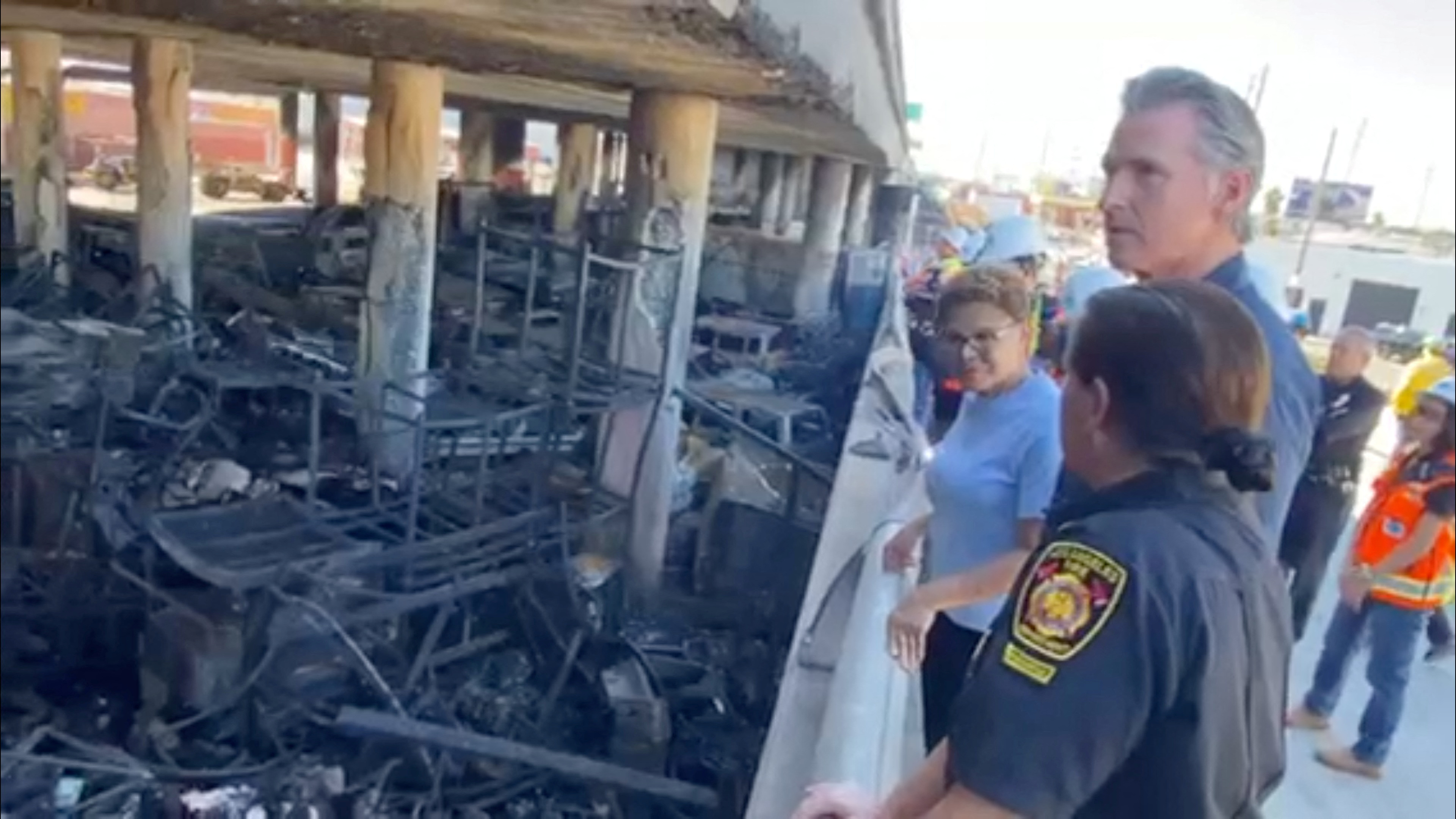 Aftermath of a fire that broke out in a storage area beneath the overpass in Los Angeles