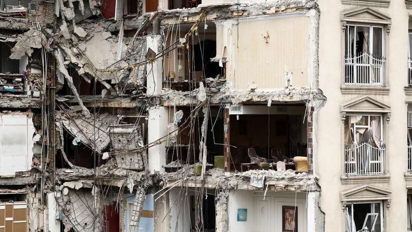 A view of a residential building damaged by a strike, Tehran