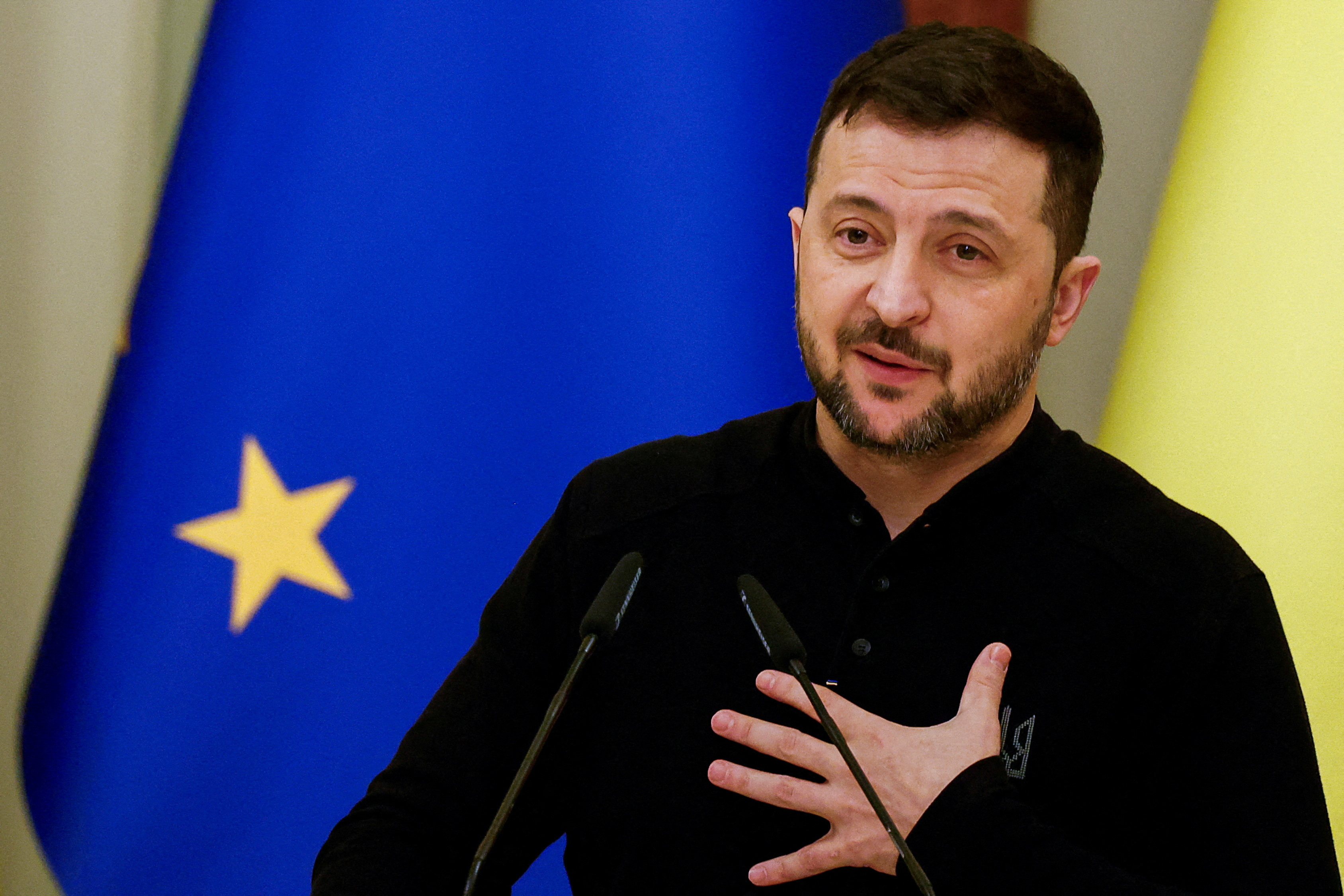 FILE PHOTO: Ukraine's President Zelenskiy attends a joint press conference with European Council President Costa, in Kyiv
