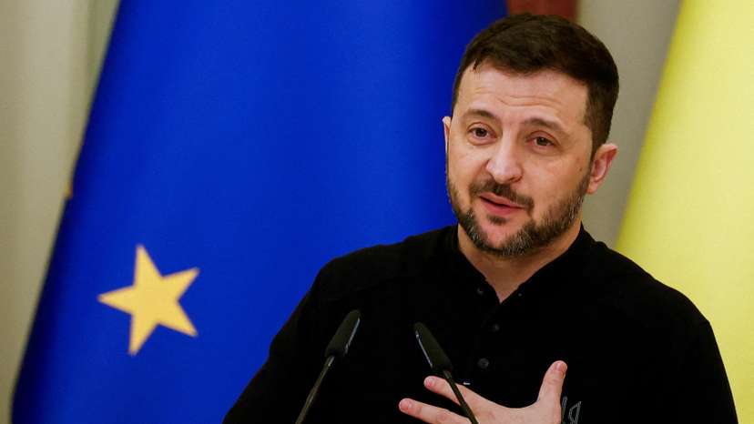 FILE PHOTO: Ukraine's President Zelenskiy attends a joint press conference with European Council President Costa, in Kyiv