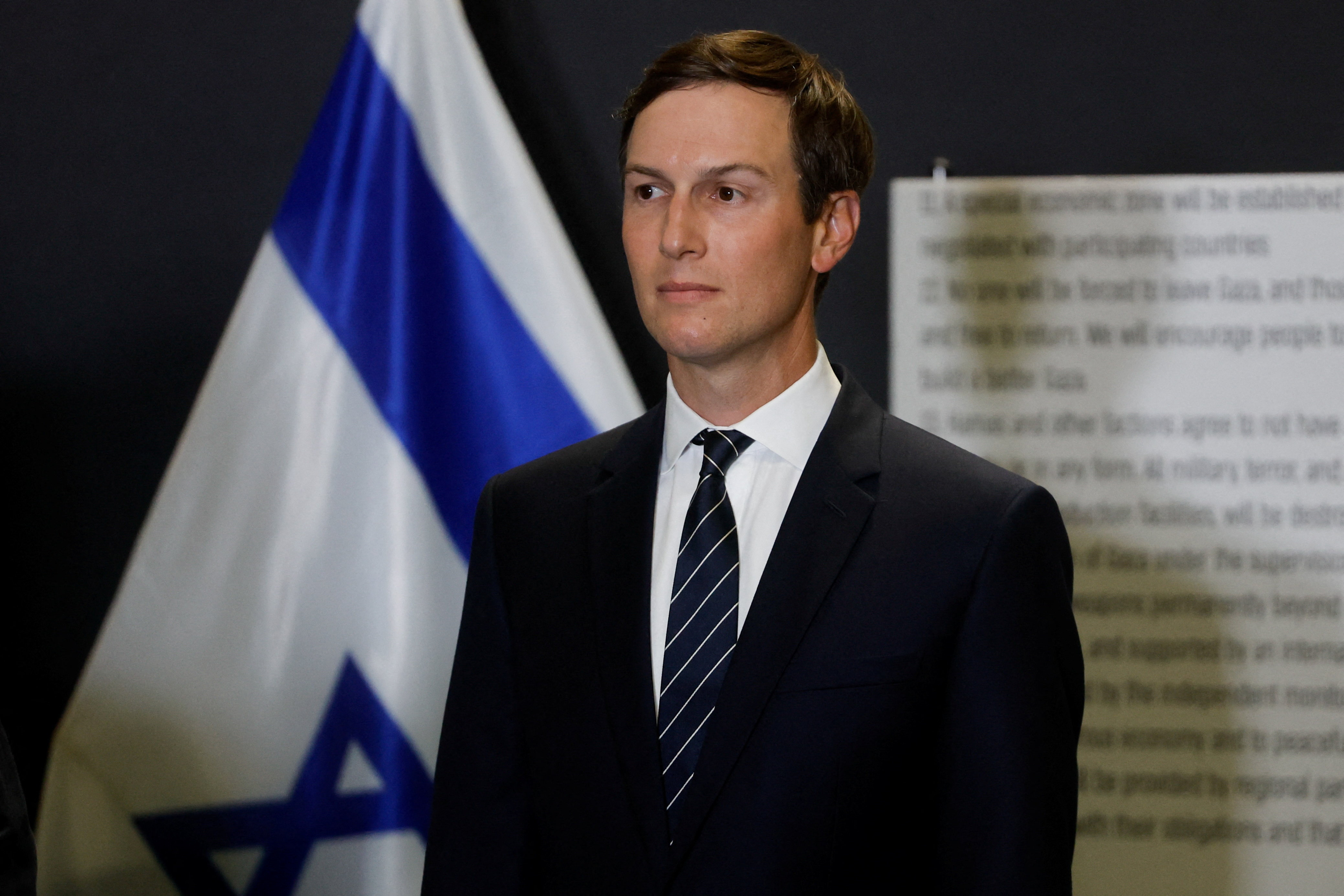 Jared Kushner speaks to members of the media in Kiryat Gat