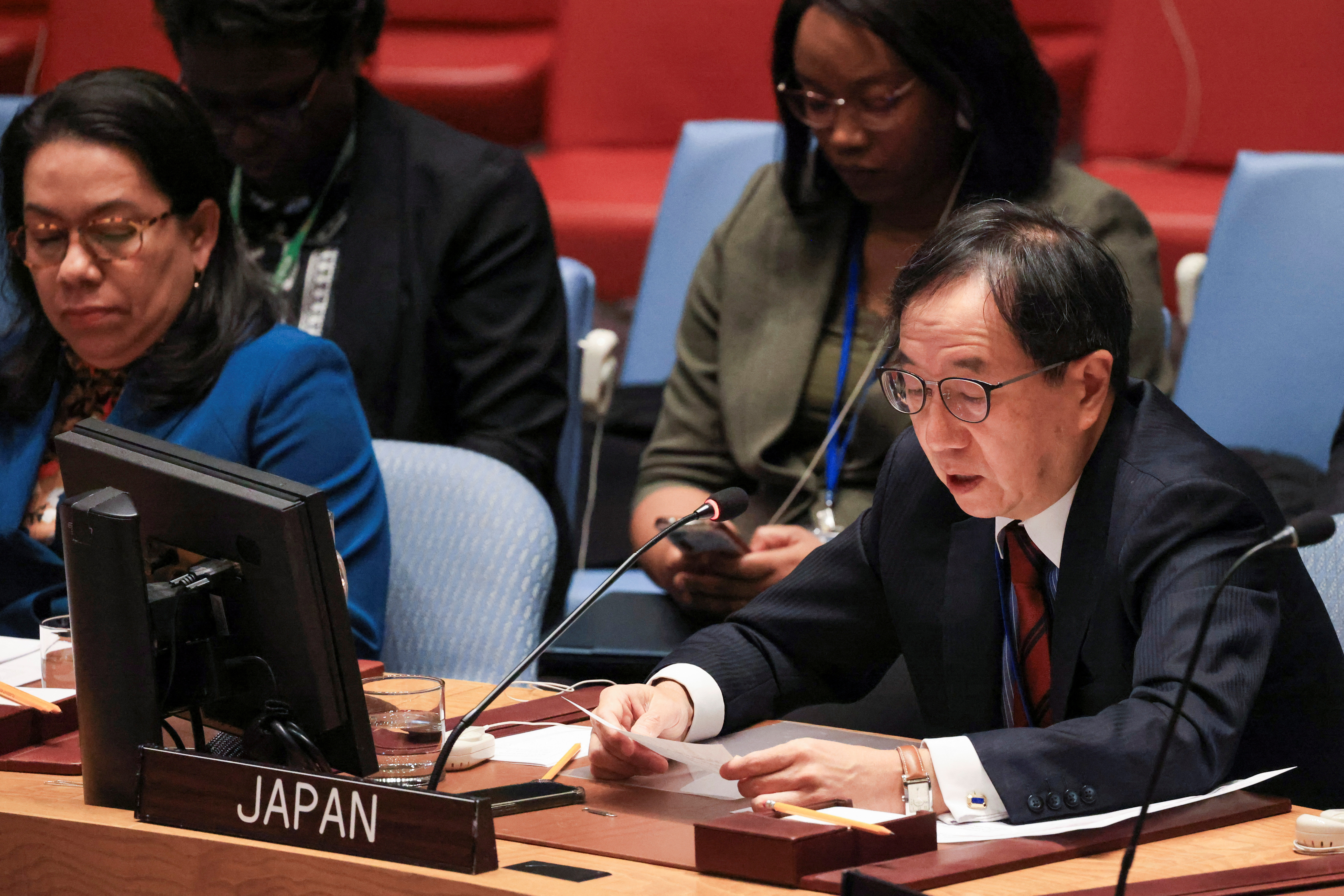 Japan's Ambassador to the U.N. Yamazaki Kazuyuki speaks during a meeting of the United Nations Security Council in New York