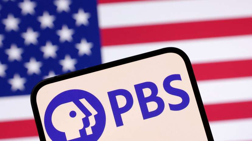 Illustration shows Public Broadcasting Service (PBS) logo and U.S. flag