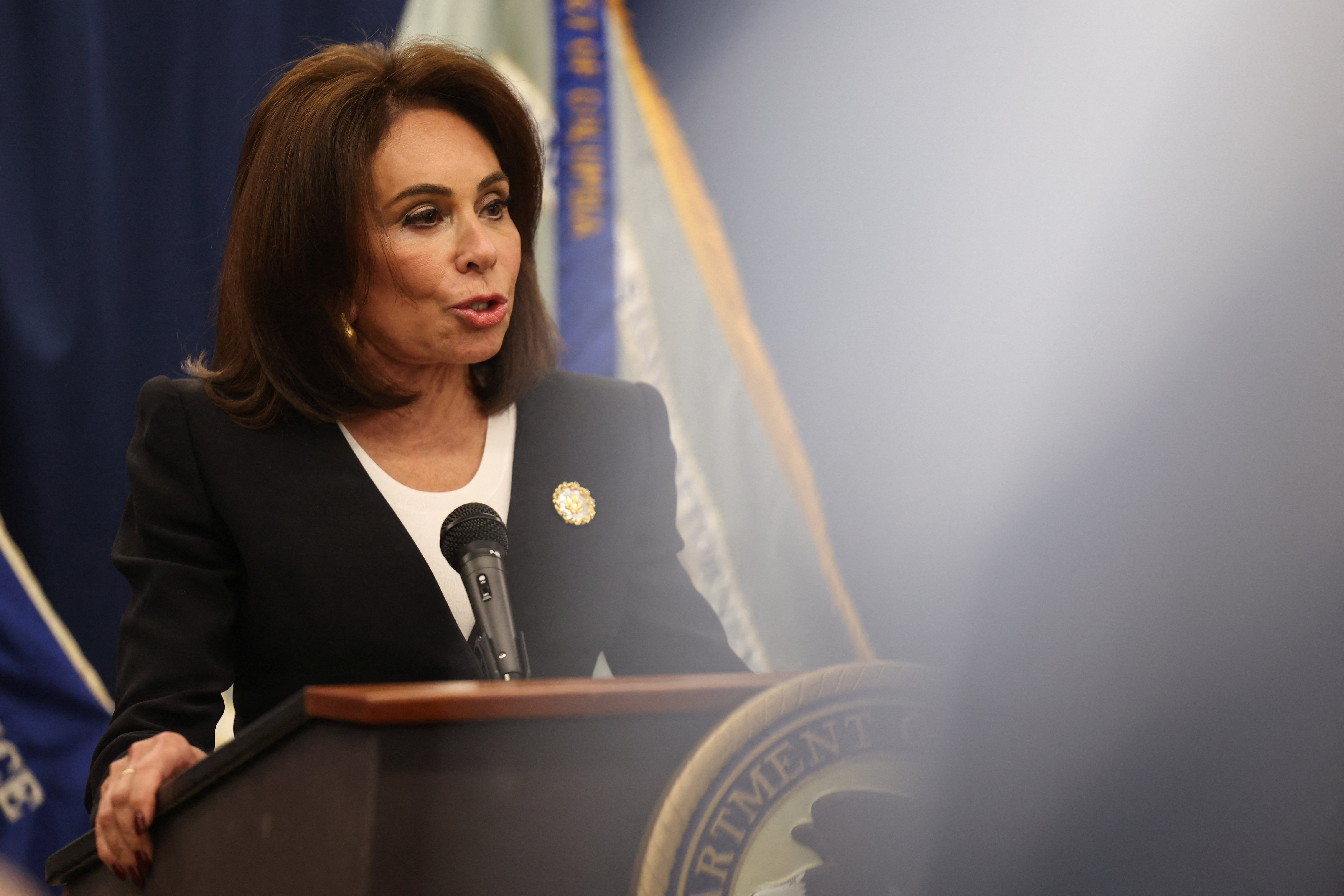 U.S. Attorney Jeanine Pirro speaks during a press conference to provide an update on the latest arrest in the assault of former DOGE staffer Edward Coristine in Washington, D.C.