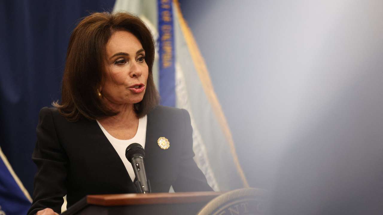 U.S. Attorney Jeanine Pirro speaks during a press conference to provide an update on the latest arrest in the assault of former DOGE staffer Edward Coristine in Washington, D.C.
