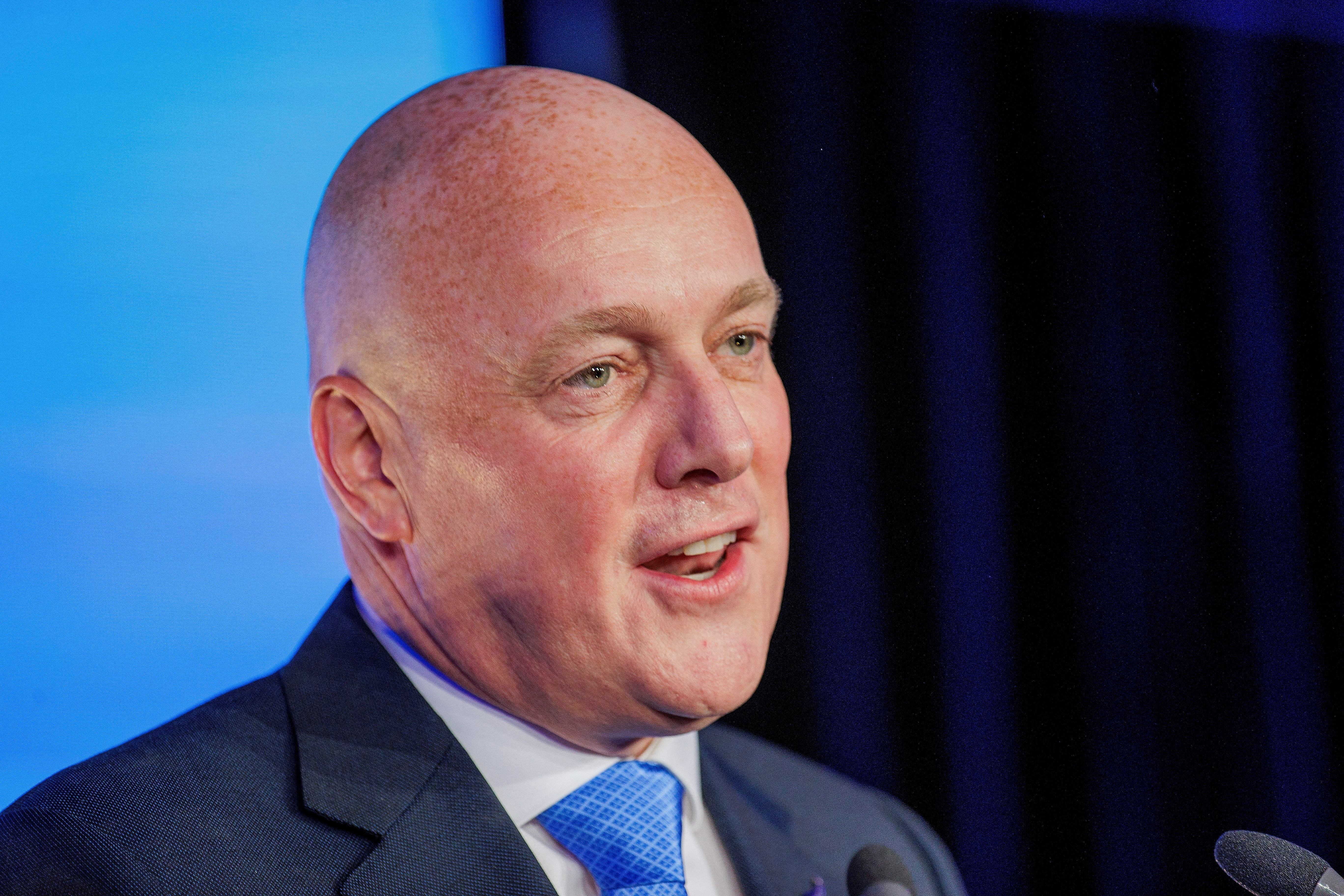 FILE PHOTO: Christopher Luxon, Leader of the National Party speaks to supporters in Auckland