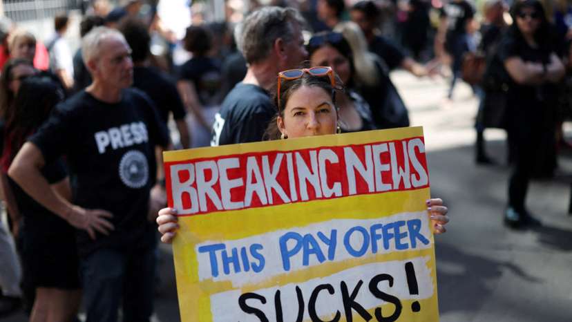 ABC staff and journalists strike outside the national broadcaster’s headquarters in Sydney