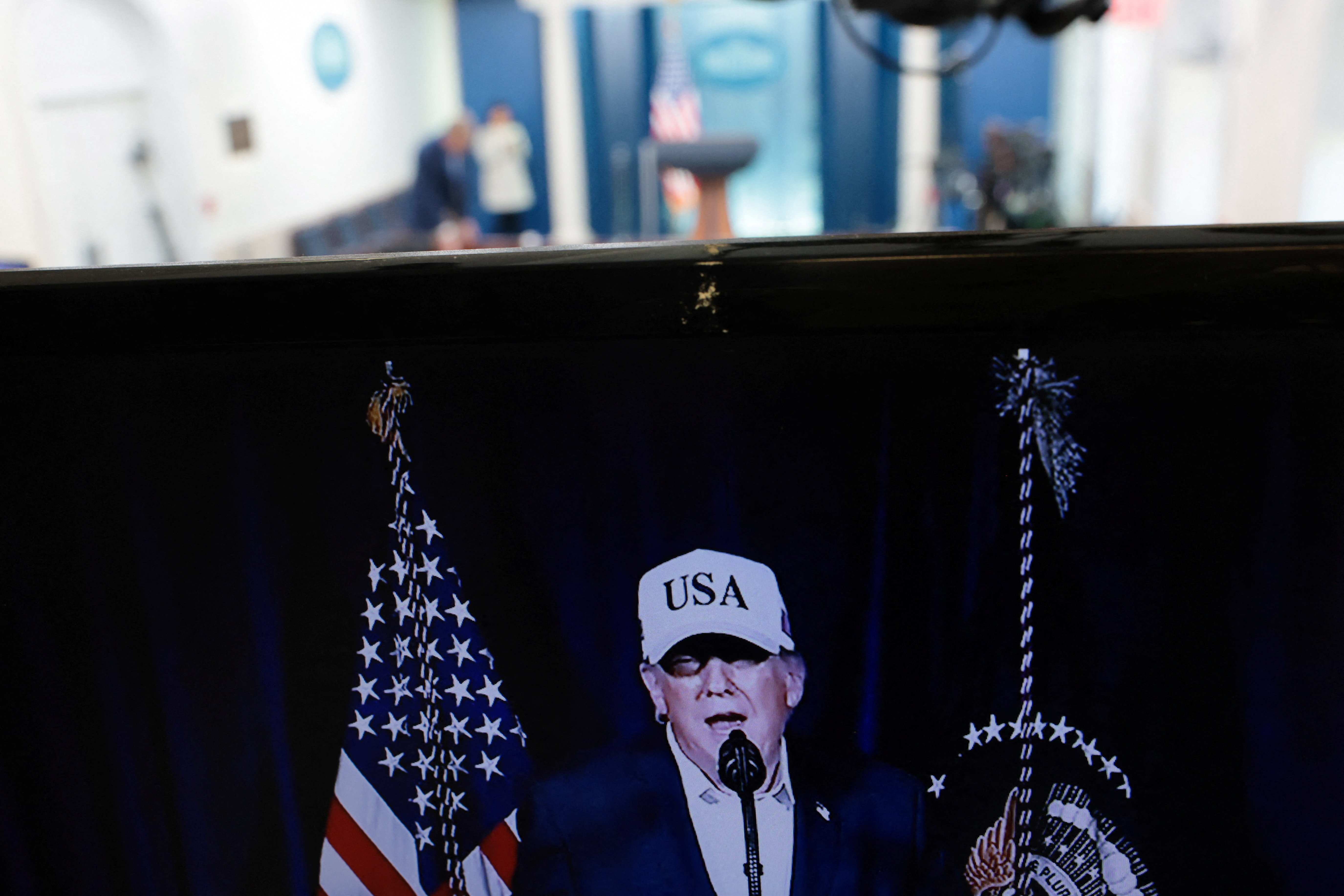 A view of the monitor at press briefing room at the White House, on the day the United States and Israel led attacks on Iran, in Washington