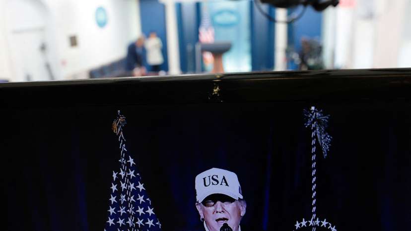 A view of the monitor at press briefing room at the White House, on the day the United States and Israel led attacks on Iran, in Washington