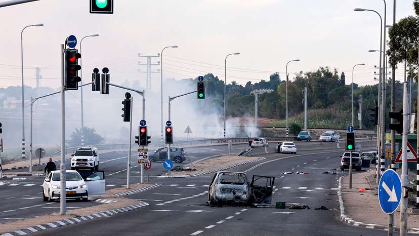 A view of a junction shows the aftermath of a mass-infiltration by Hamas gunmen from the Gaza Strip, in the Sderot area, southern Israel