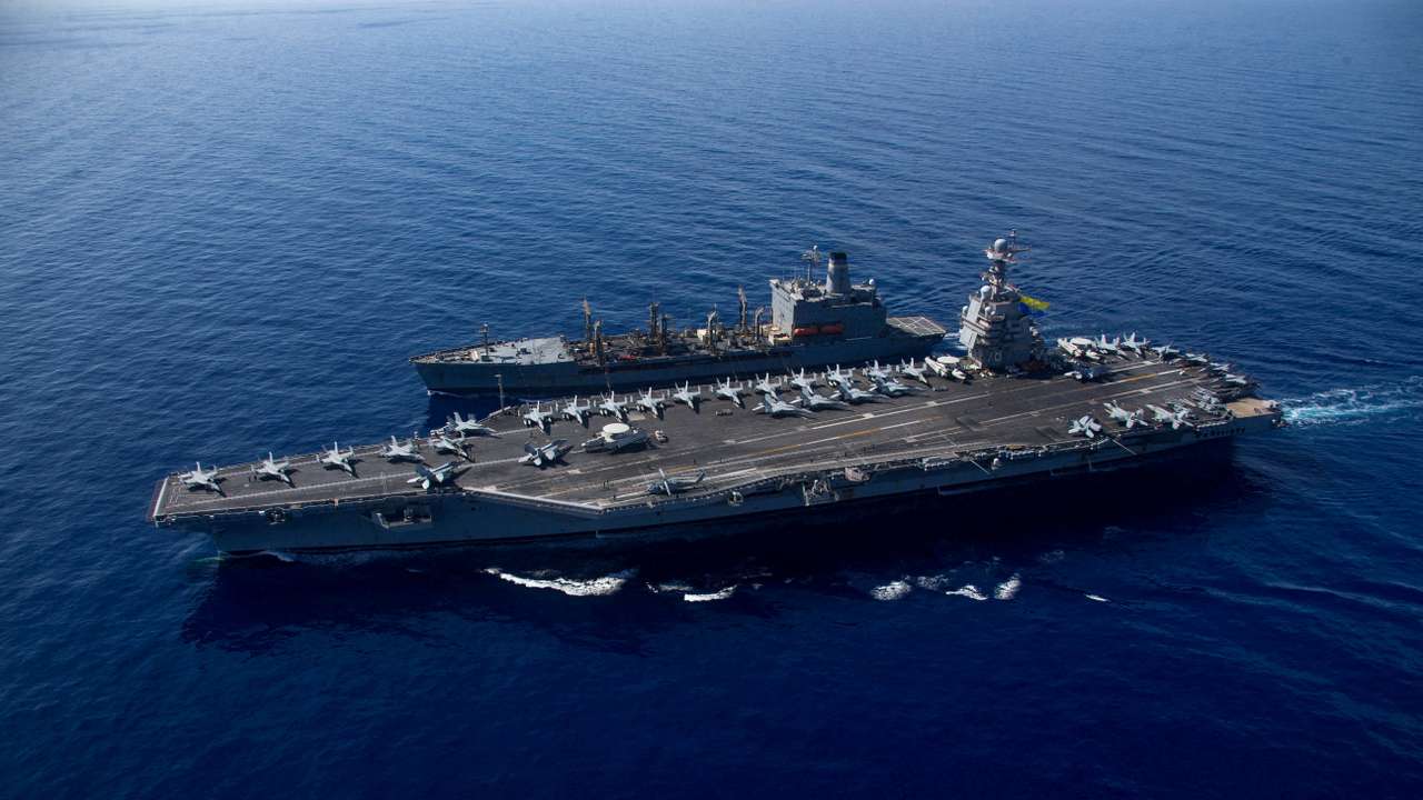 FILE PHOTO: The world's largest aircraft carrier USS Gerald R. Ford arrives at Mediterranean Sea.