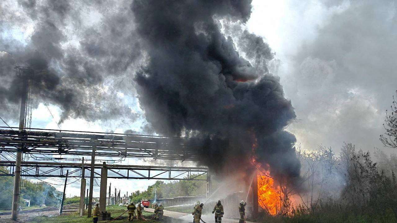 Firefighters extinguish a fire at the Sterlitamak petrochemical plant
