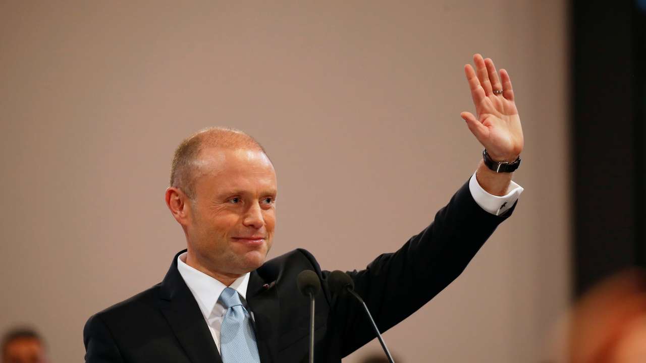 Outgoing Prime Minister and Labour Party leader Joseph Muscat waves to supporters after his final speech at the party's Congress before the election of a new party leader at the Corradino Sports Pavilion in Paola