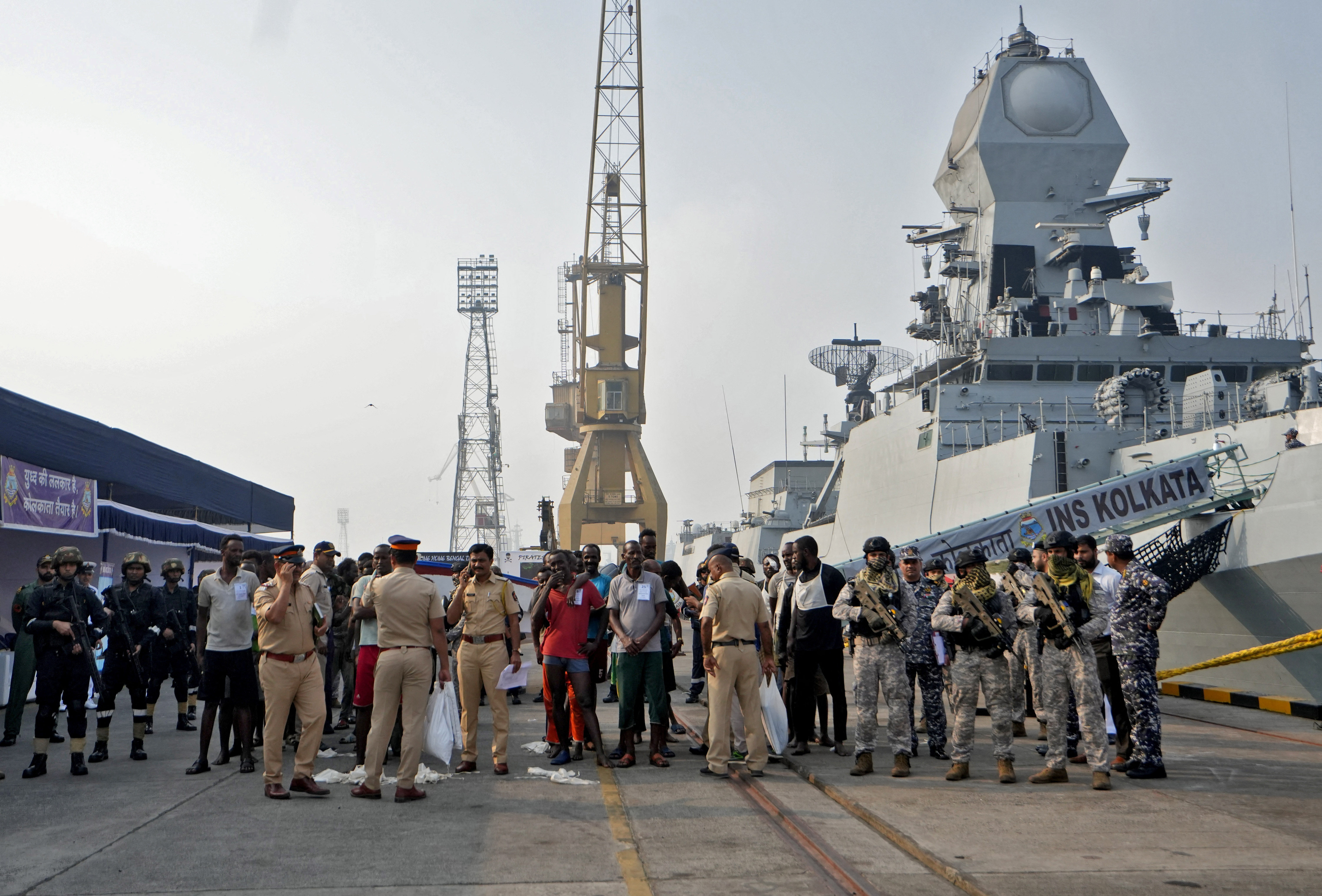 Captured Somali pirates brought in for prosecution by the Indian Navy, in Mumbai