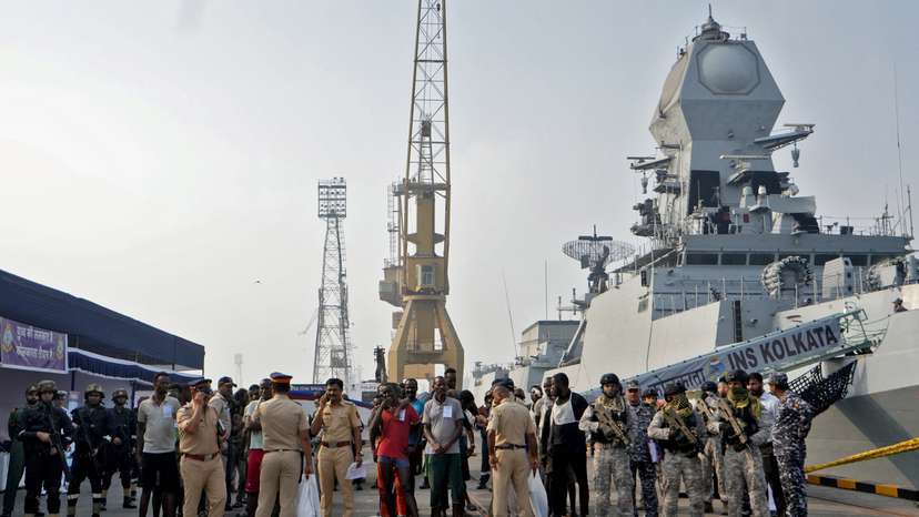 Captured Somali pirates brought in for prosecution by the Indian Navy, in Mumbai