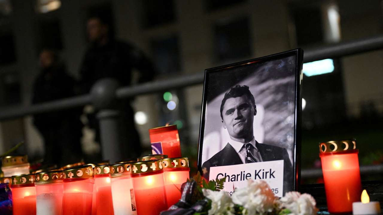 People gather to commemorate of Charlie Kirk in front of the Embassy of the United States in Berlin