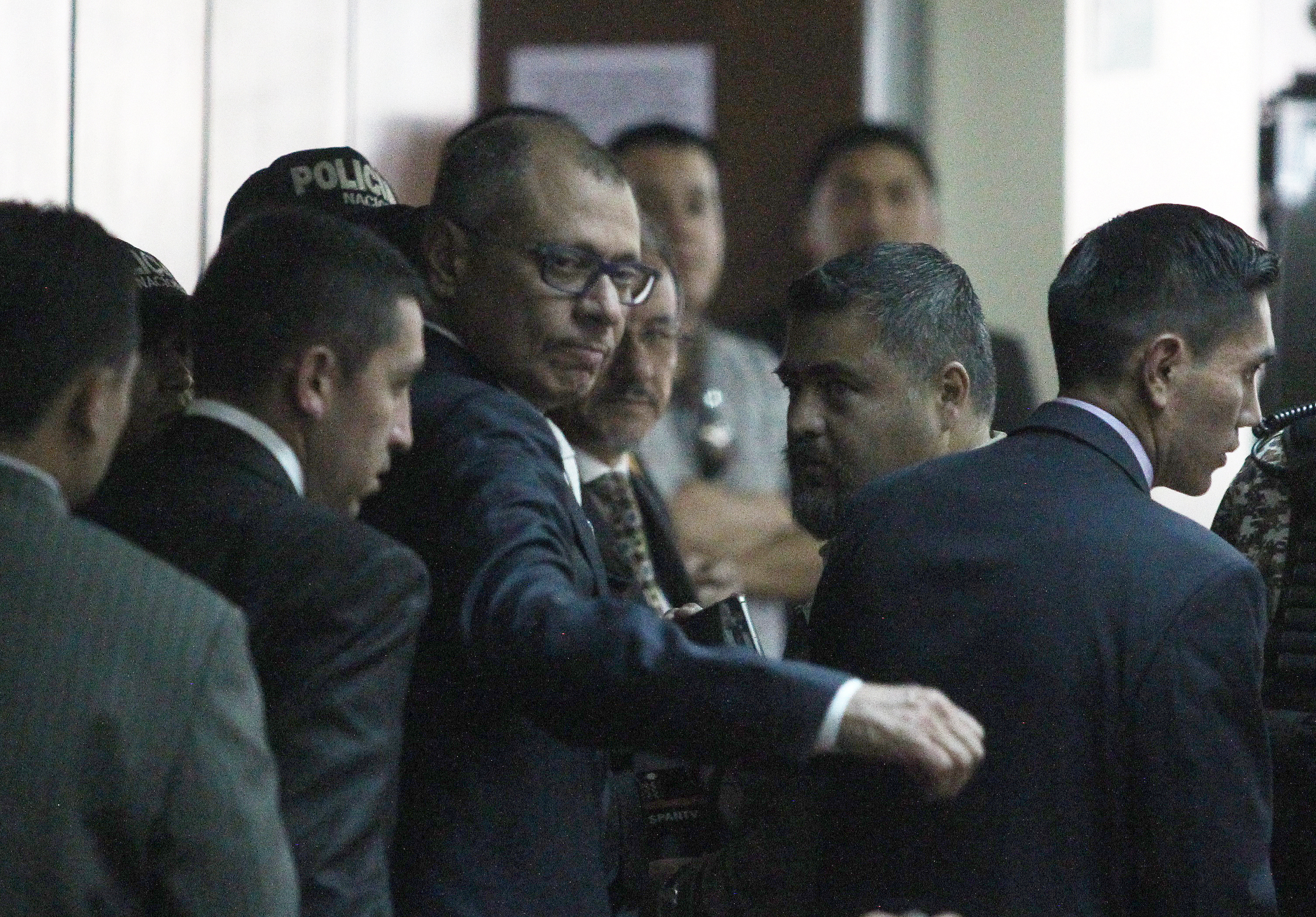 Ecuadorean Vice President Jorge Glas reacts as he arrives to court, to attend his trial on bribery from Brazilian construction company Odebrecht, in Quito