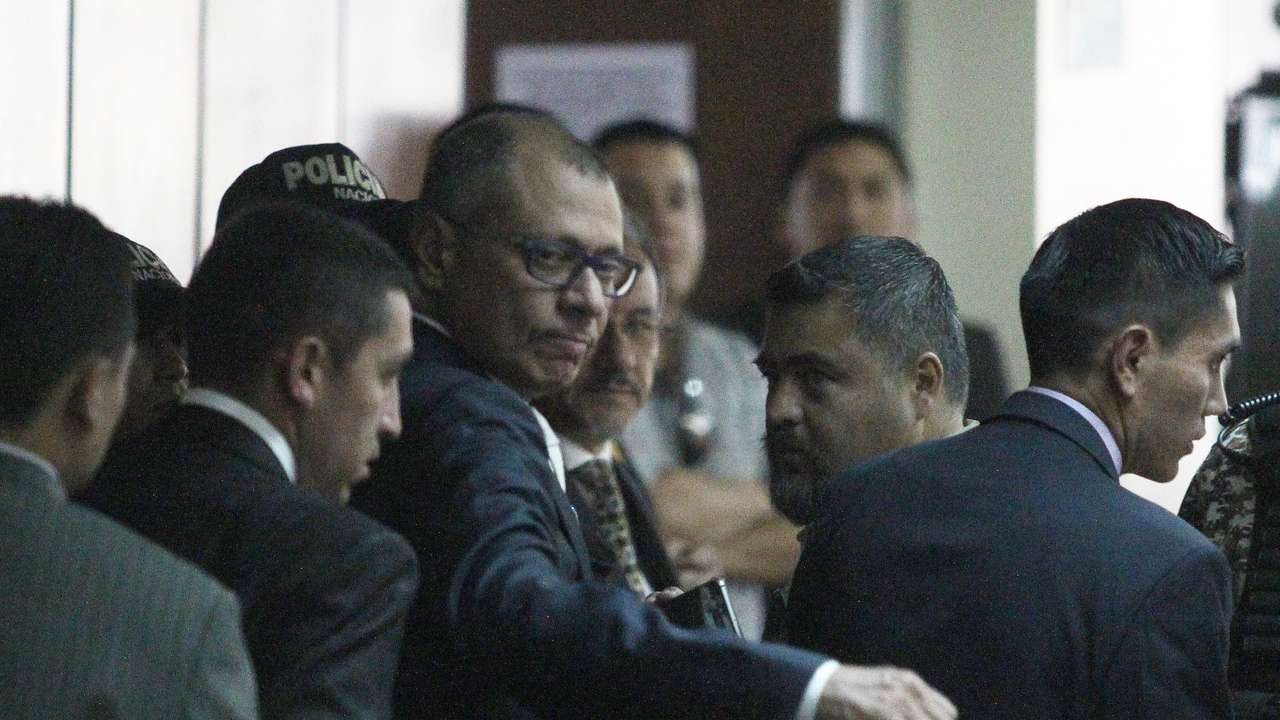 Ecuadorean Vice President Jorge Glas reacts as he arrives to court, to attend his trial on bribery from Brazilian construction company Odebrecht, in Quito