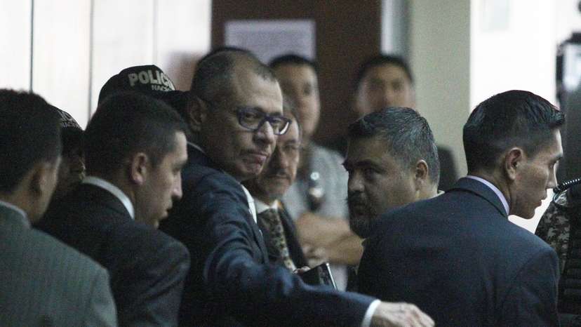Ecuadorean Vice President Jorge Glas reacts as he arrives to court, to attend his trial on bribery from Brazilian construction company Odebrecht, in Quito